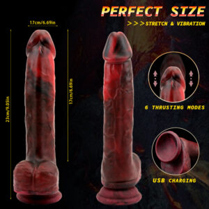 9.06” Thrusting, Vibrating & Heating Dildo – VD037 (Natural Tan or Marbled Red/Black Fantasy)