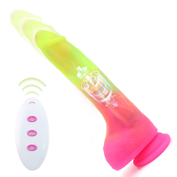 9.25” Thrusting, Vibrating & Heating Dildo – Neon Pink to Lime Gradient Fantasy, VD038 - Image 2